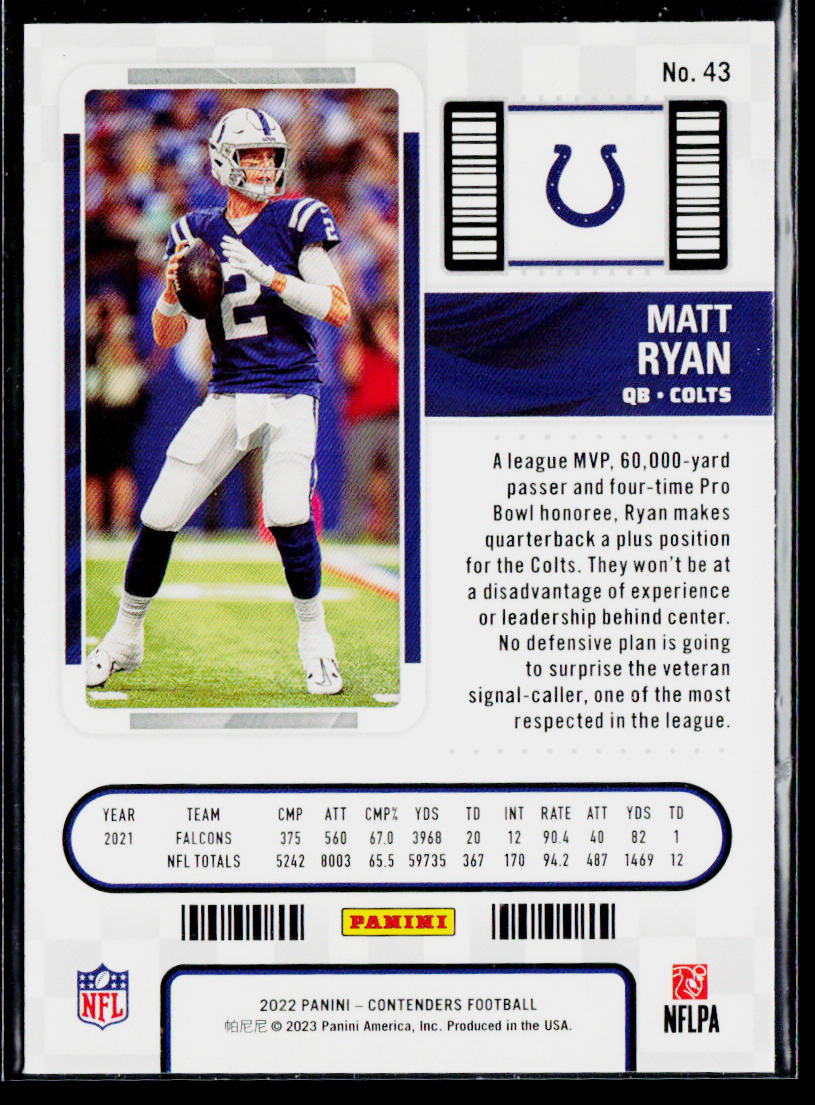 Matt Ryan 2022 Panini Contenders #43 Indianapolis Colts