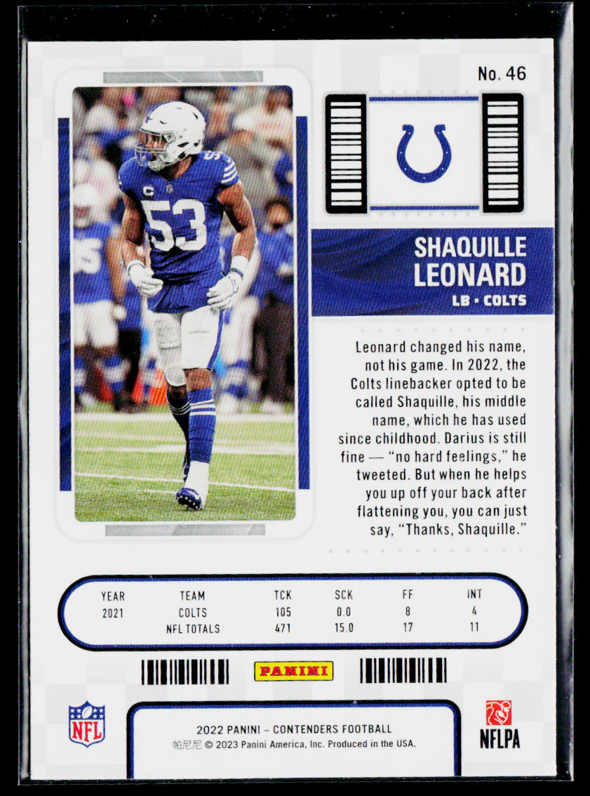 Shaquille Leonard 2022 Panini Contenders #46 Indianapolis Colts