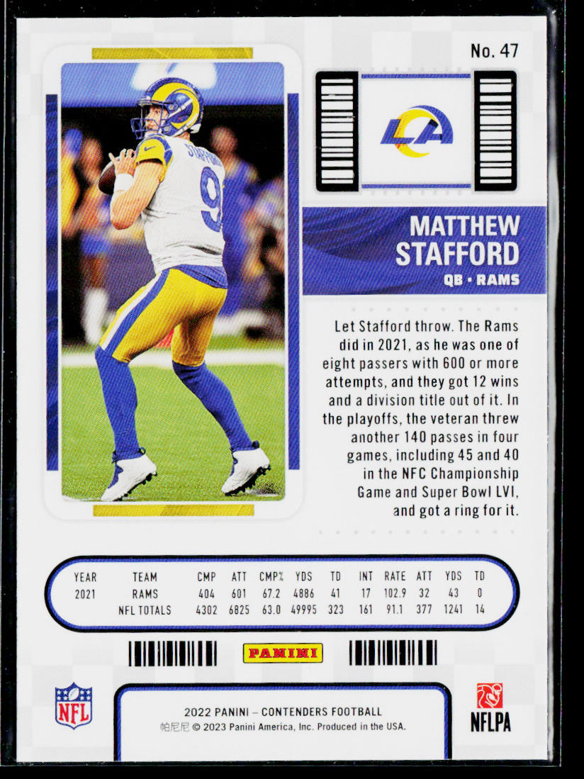 Matthew Stafford 2022 Panini Contenders #47 Los Angeles Rams