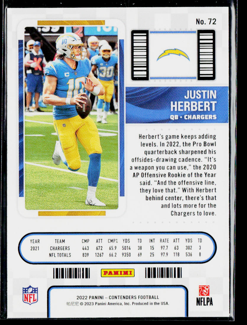 Justin Herbert 2022 Panini Contenders #72 Los Angeles Chargers
