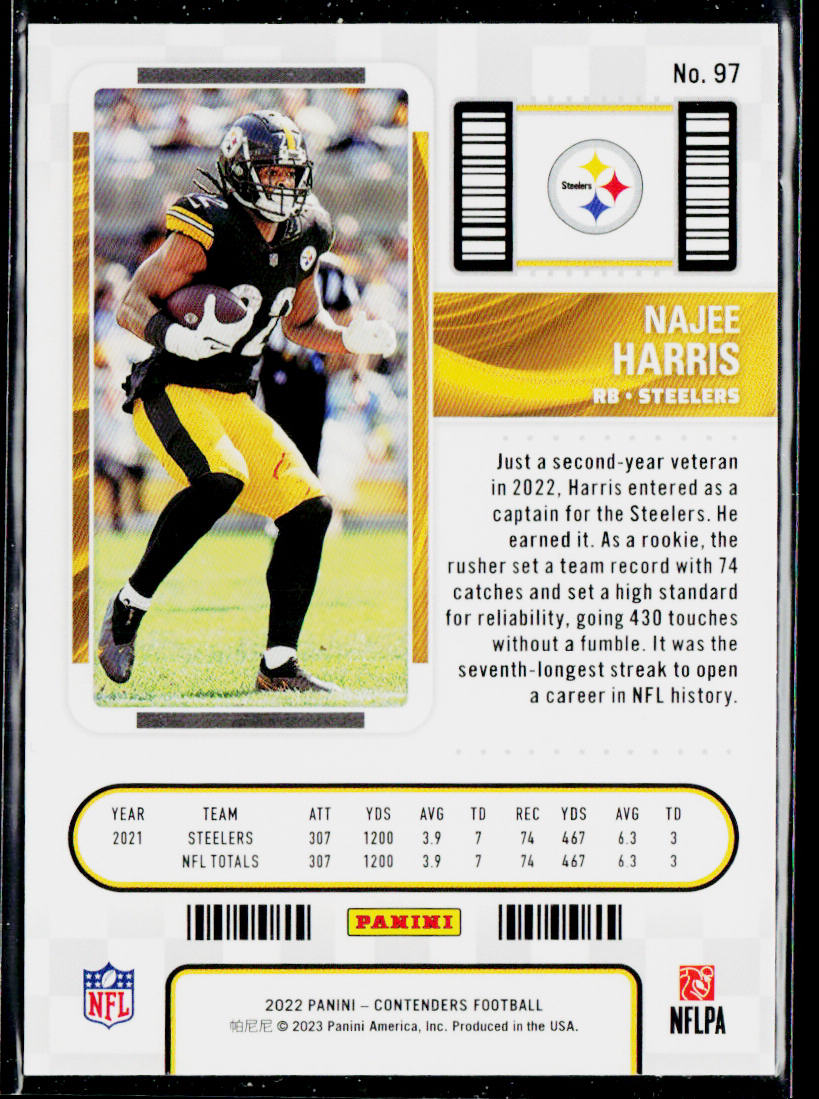 Najee Harris 2022 Panini Contenders #97 Pittsburgh Steelers