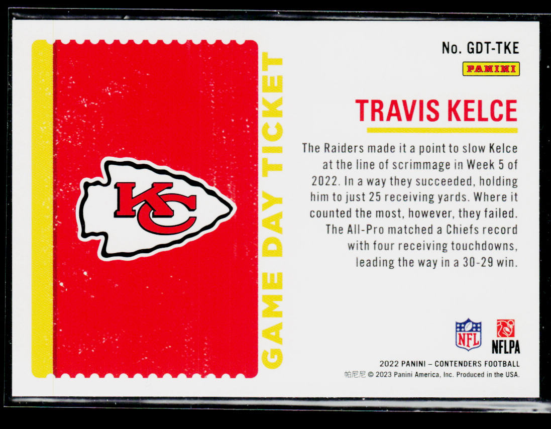 Travis Kelce 2022 Panini Contenders Game Day Ticket #GDT-TKE Kansas City Chiefs