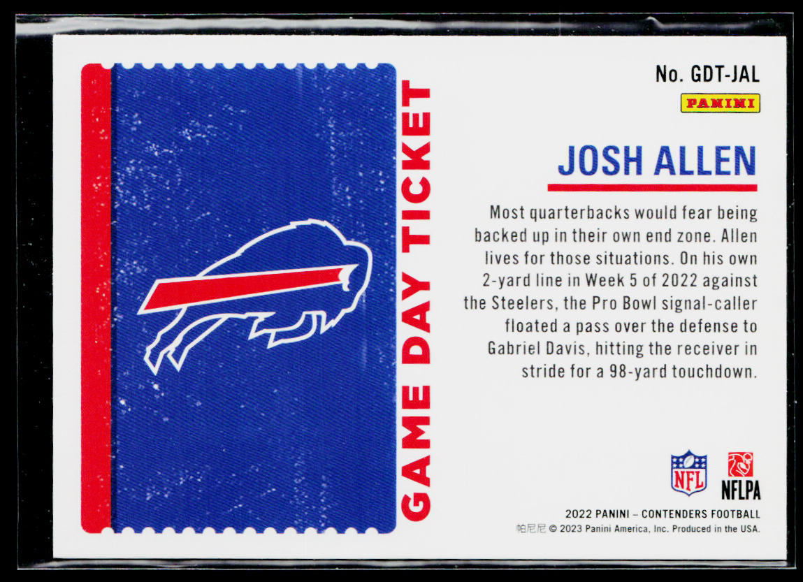 Josh Allen 2022 Panini Contenders Game Day Ticket #GDT-JAL Buffalo Bills