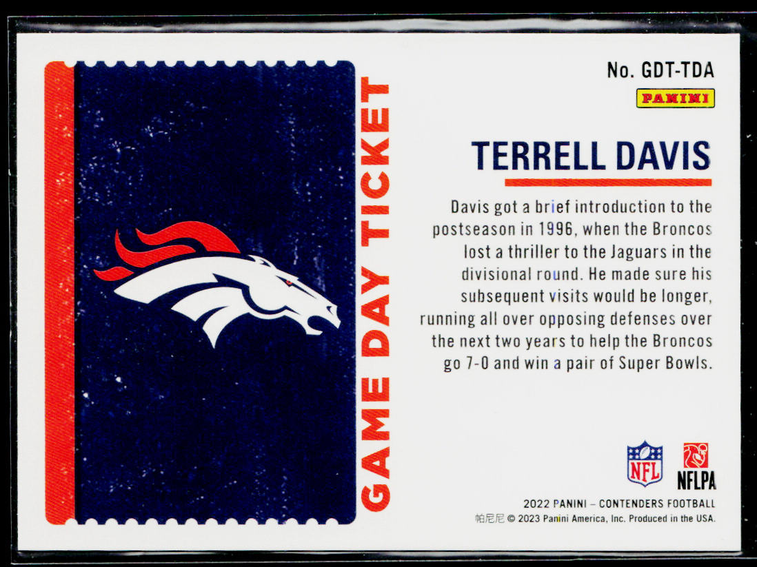 Terrell Davis 2022 Panini Contenders Game Day Ticket #GDT-TDA Denver Broncos