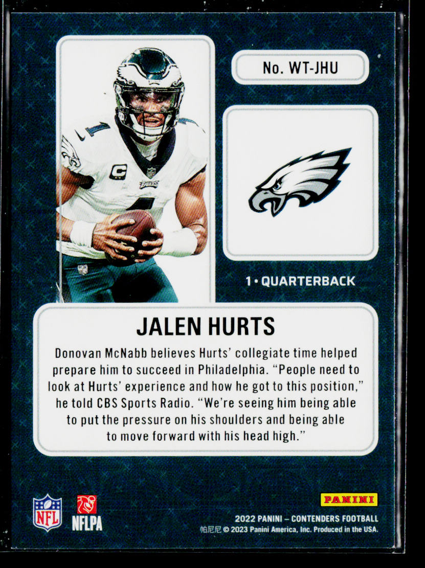 Jalen Hurts 2022 Panini Contenders Winning Ticket #WT-JHU Philadelphia Eagles