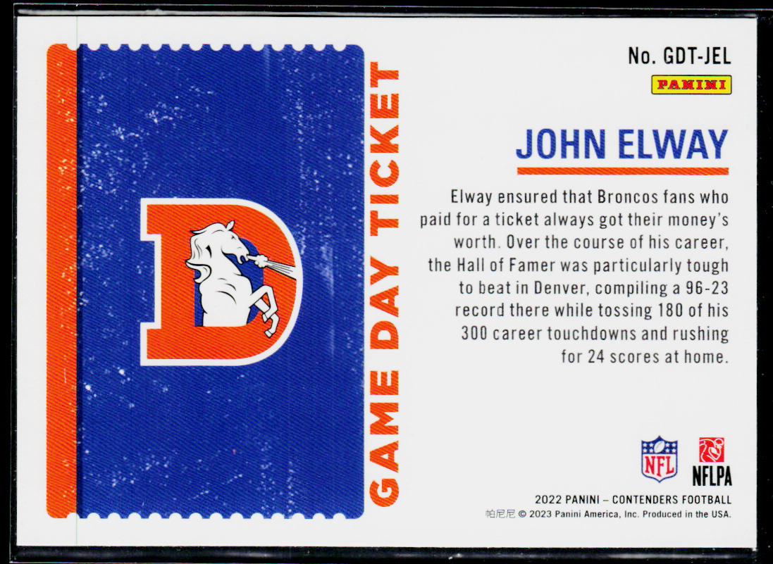 John Elway 2022 Panini Contenders Game Day Ticket Emerald #GDT-JEL Broncos