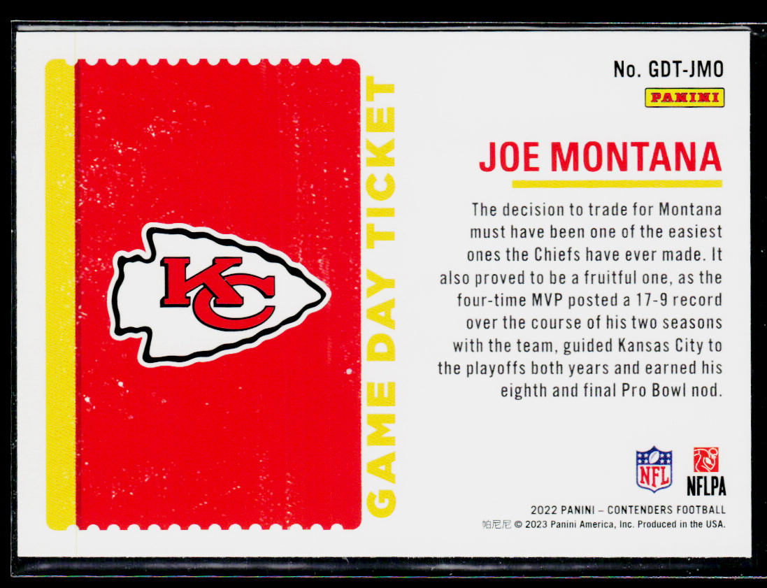 Joe Montana 2022 Panini Contenders Game Day Ticket Emerald #GDT-JMO Chiefs
