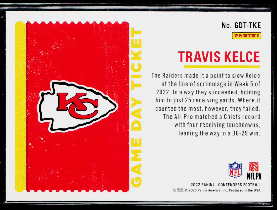 Travis Kelce 2022 Panini Contenders Game Day Ticket Emerald #GDT-TKE Chiefs