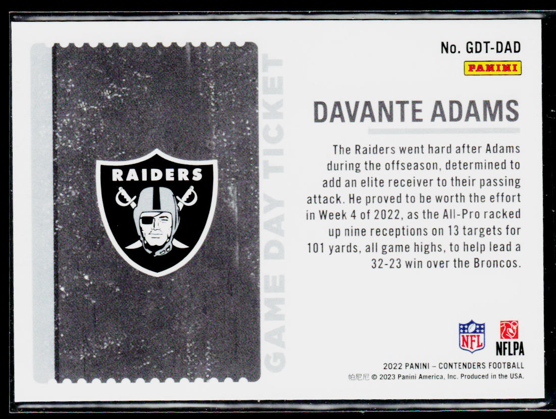 Davante Adams 2022 Panini Contenders Game Day Ticket Emerald #GDT-DAD Raiders
