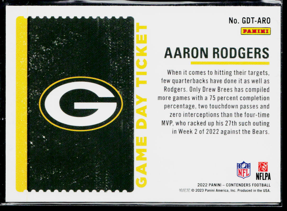 Aaron Rodgers 2022 Panini Contenders Game Day Ticket Emerald #GDT-ARO Packers