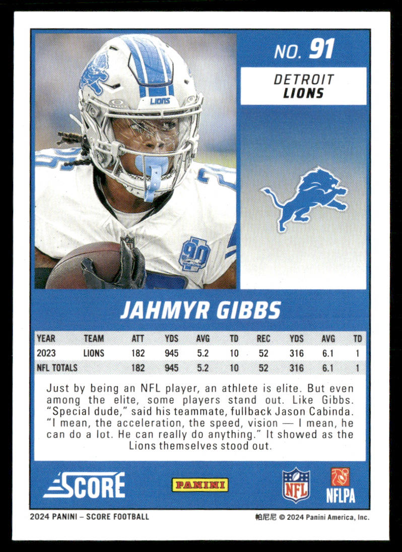 Jahmyr Gibbs 2024 Score #91 Detroit Lions