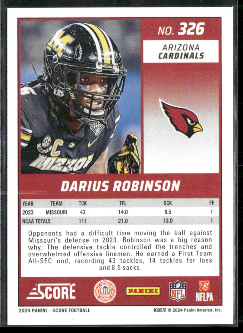 Darius Robinson 2024 Score #326 RC Arizona Cardinals