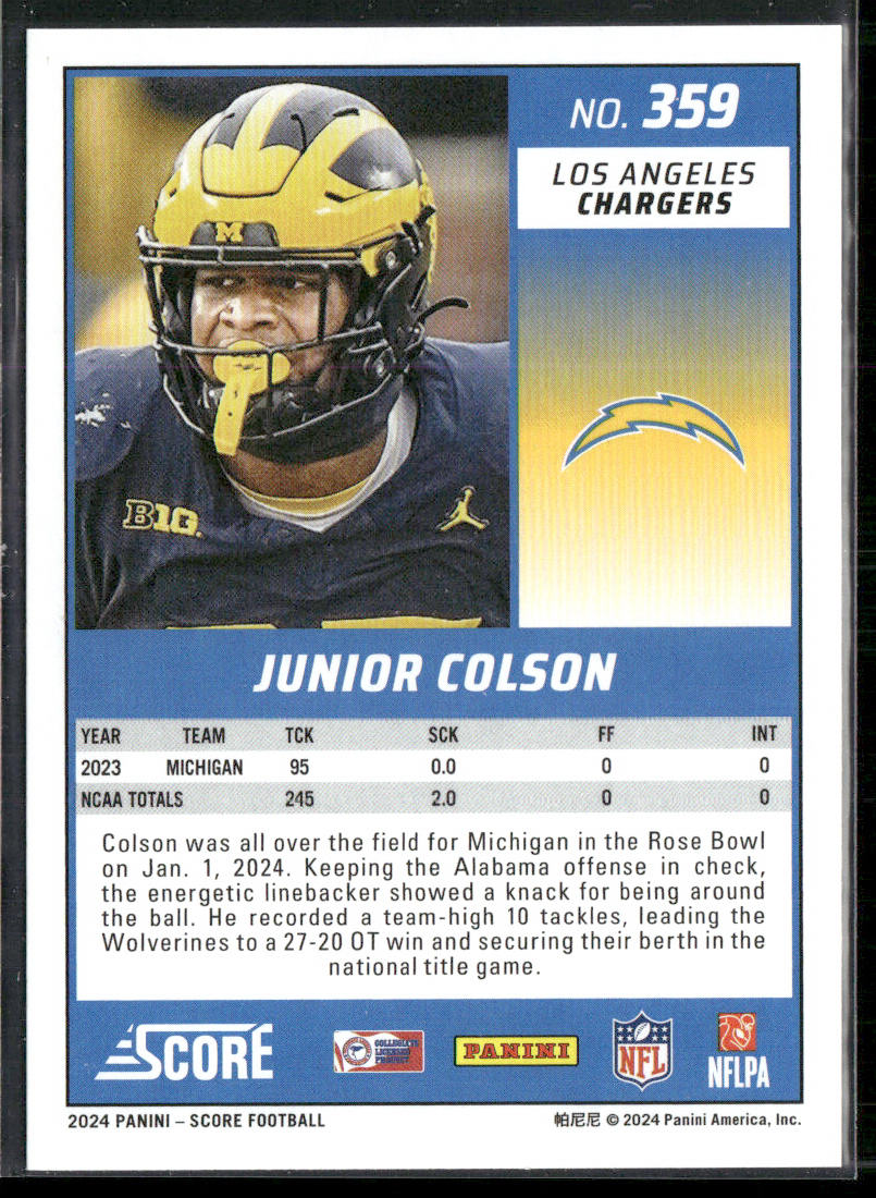 Junior Colson 2024 Score #359 RC Los Angeles Chargers