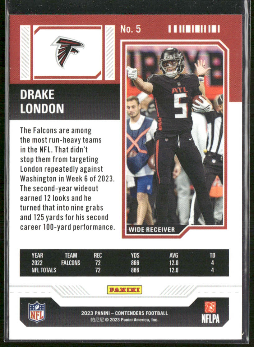 Drake London 2023 Panini Contenders #5 Atlanta Falcons
