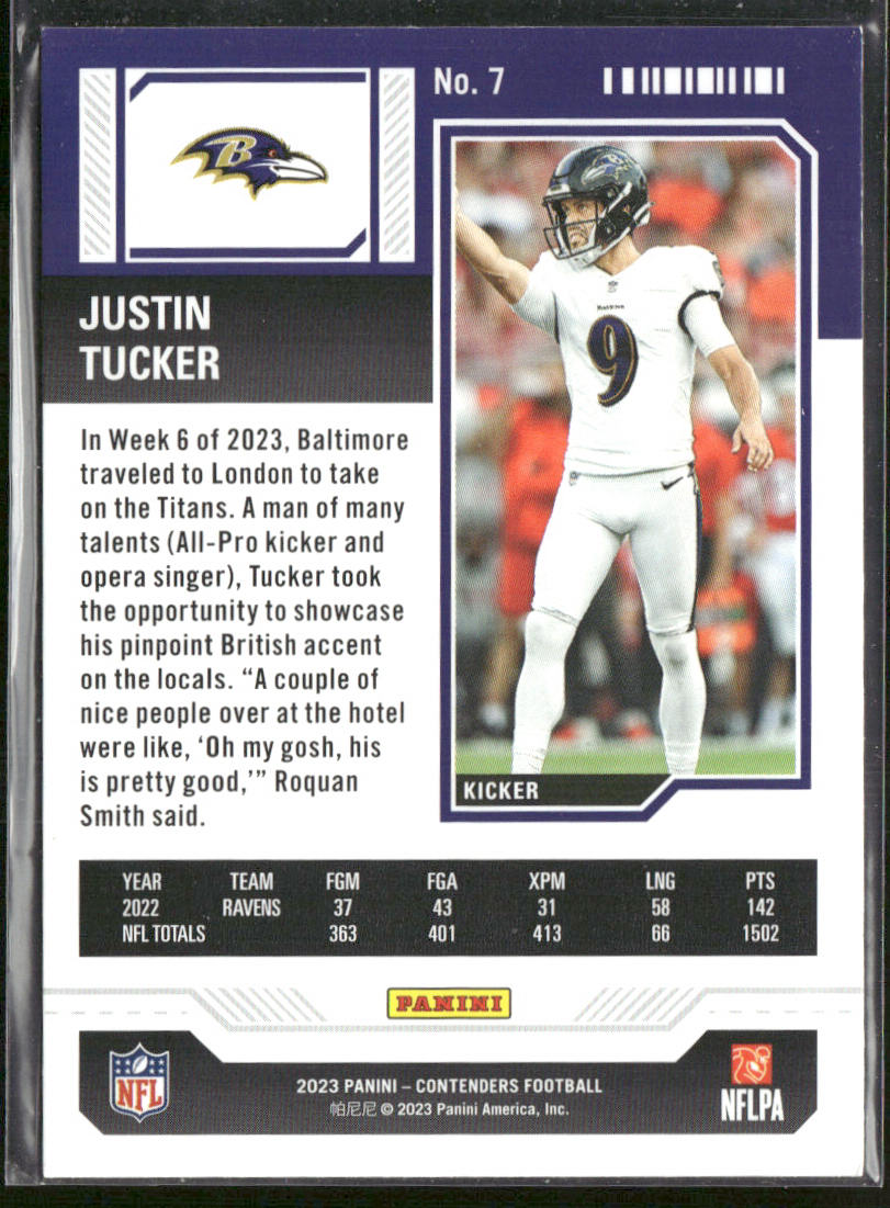 Justin Tucker 2023 Panini Contenders #7 Baltimore Ravens
