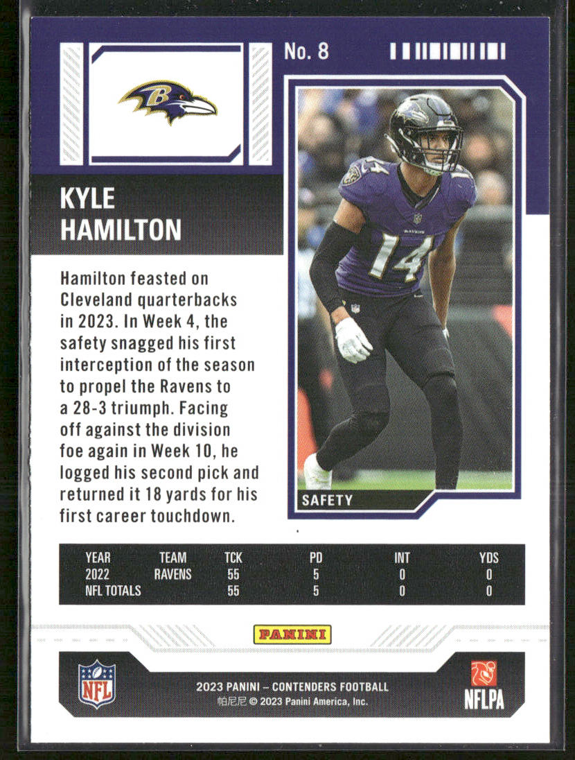 Kyle Hamilton 2023 Panini Contenders #8 Baltimore Ravens