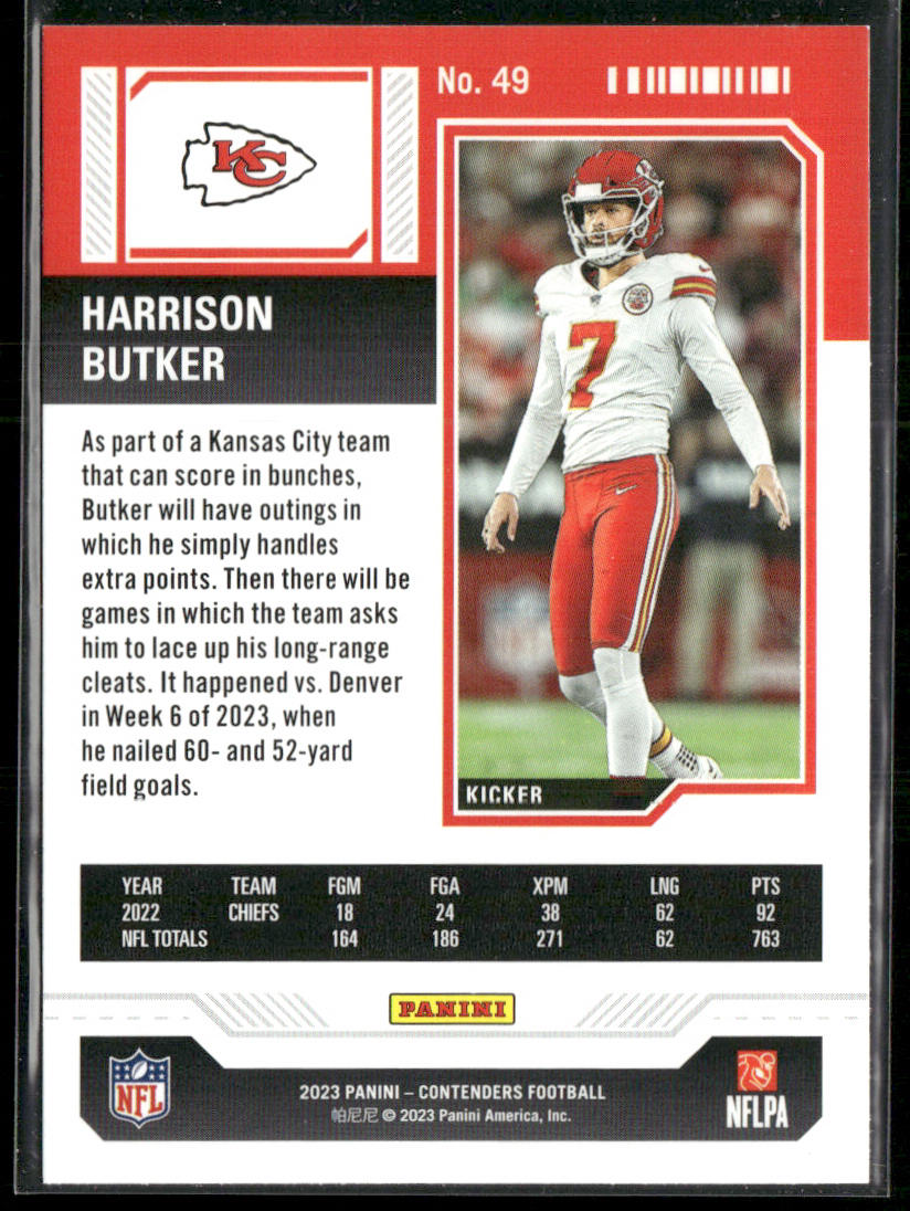 Harrison Butker 2023 Panini Contenders #49 Kansas City Chiefs