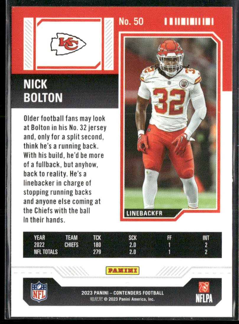 Nick Bolton 2023 Panini Contenders Season Ticket Retail #50 Kansas City Chiefs