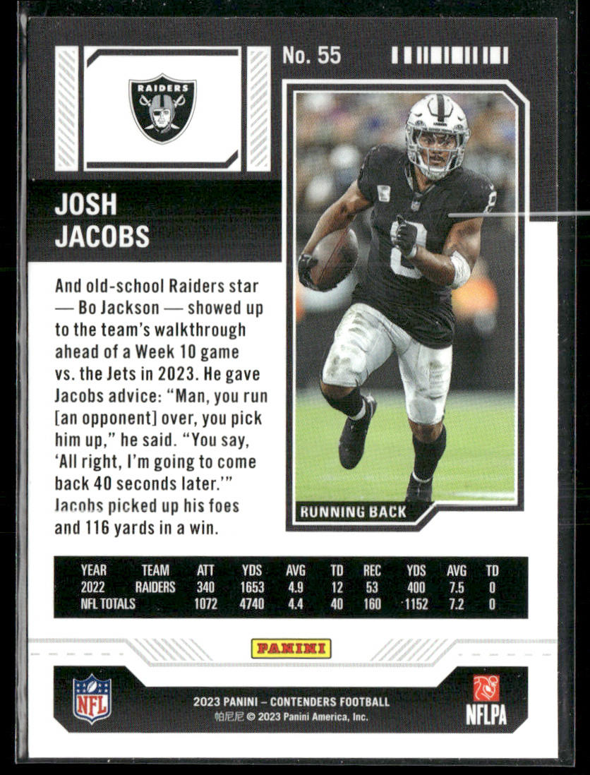 Josh Jacobs 2023 Panini Contenders Season Ticket Retail #55 Las Vegas Raiders