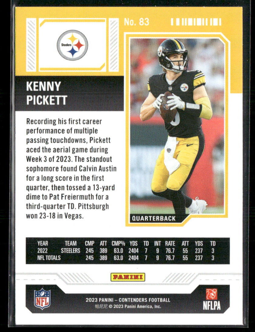 Kenny Pickett 2023 Panini Contenders #83 Pittsburgh Steelers