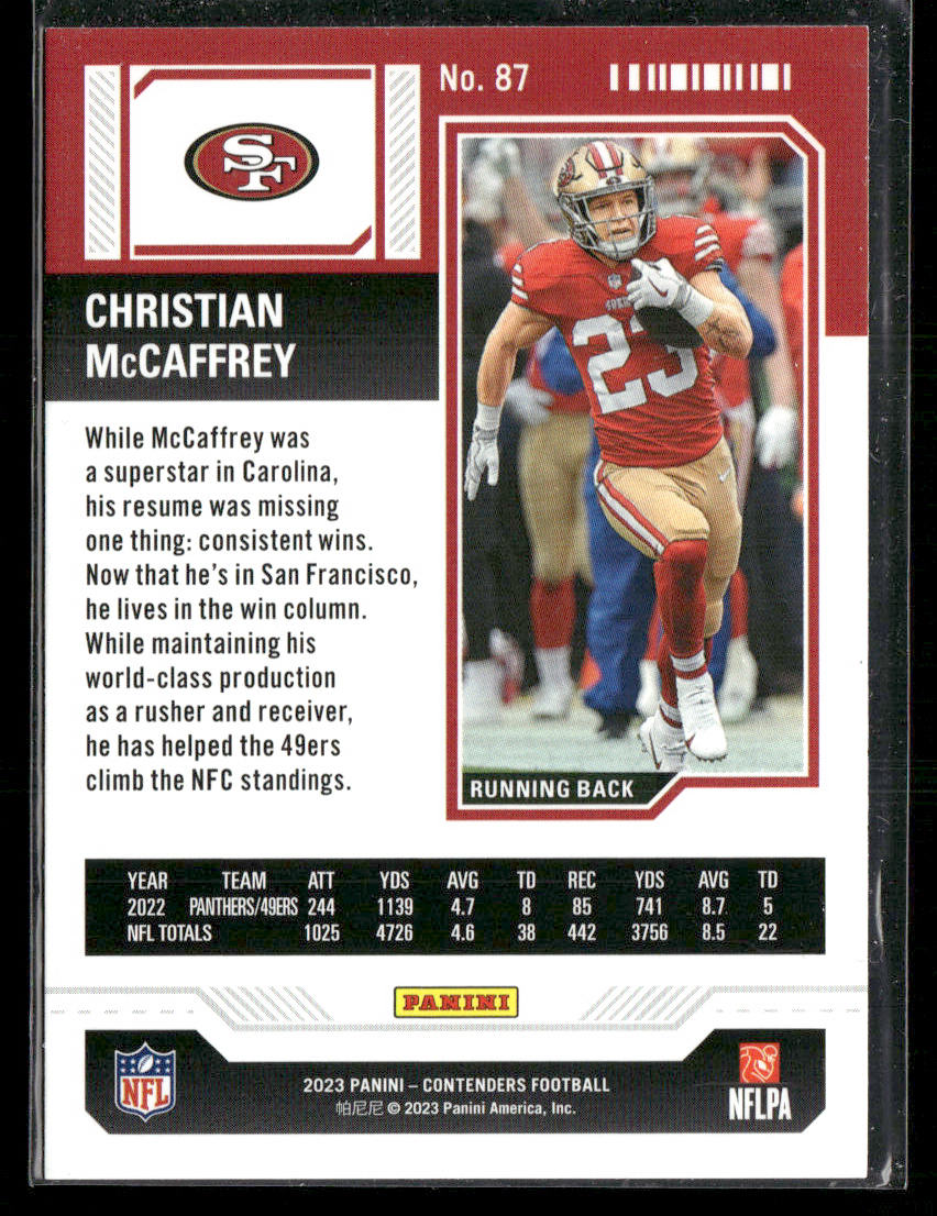 Christian McCaffrey 2023 Panini Contenders #87 San Francisco 49ers
