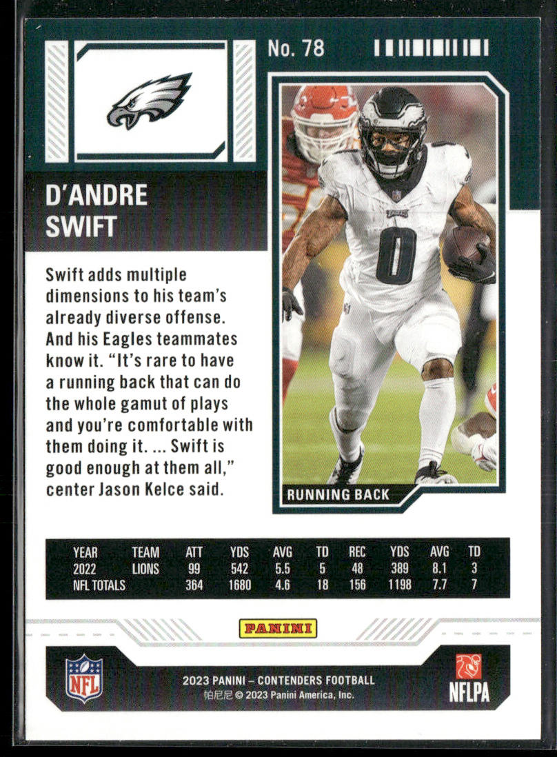 D'Andre Swift 2023 Panini Contenders Game Ticket Bronze #78 Philadelphia Eagles