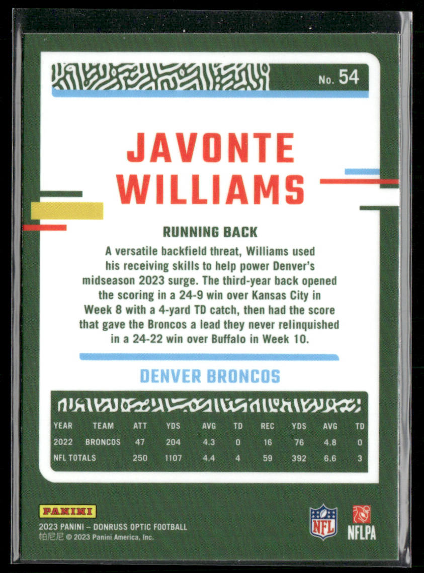 Javonte Williams 2023 Donruss Optic #54 Denver Broncos