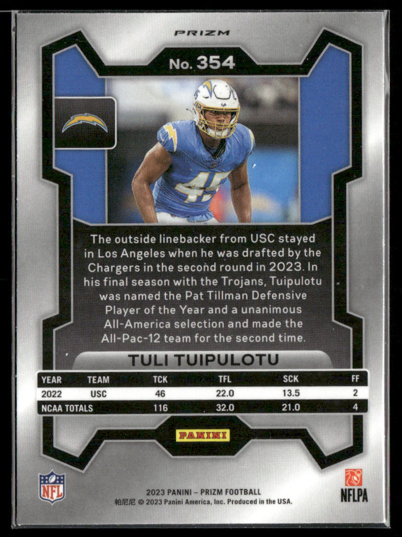 Tuli Tuipulotu 2023 Panini Prizm Red White and Blue #354 Los Angeles Chargers