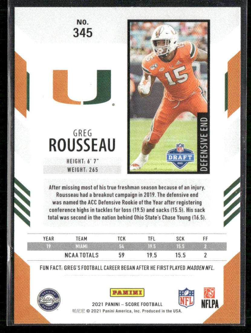 Greg Rousseau 2021 Score Red #345 RC Miami Hurricanes
