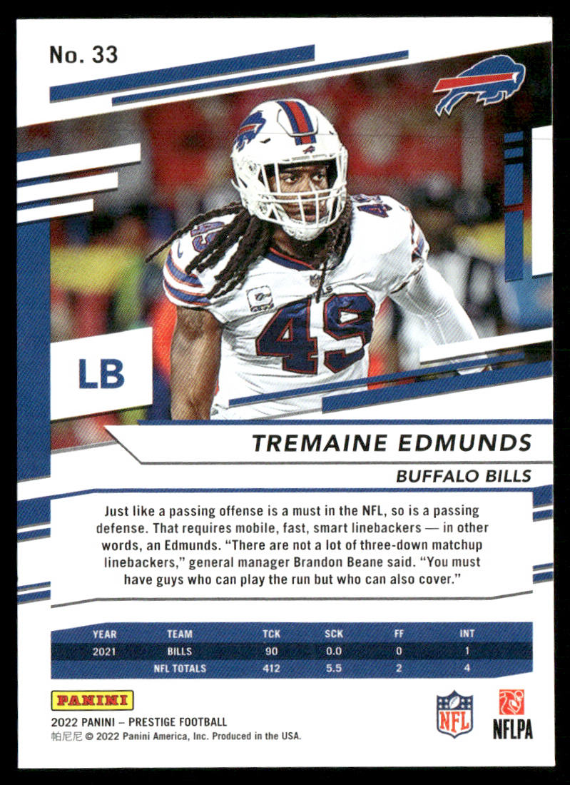 Tremaine Edmunds 2022 Panini Prestige #33 Buffalo Bills