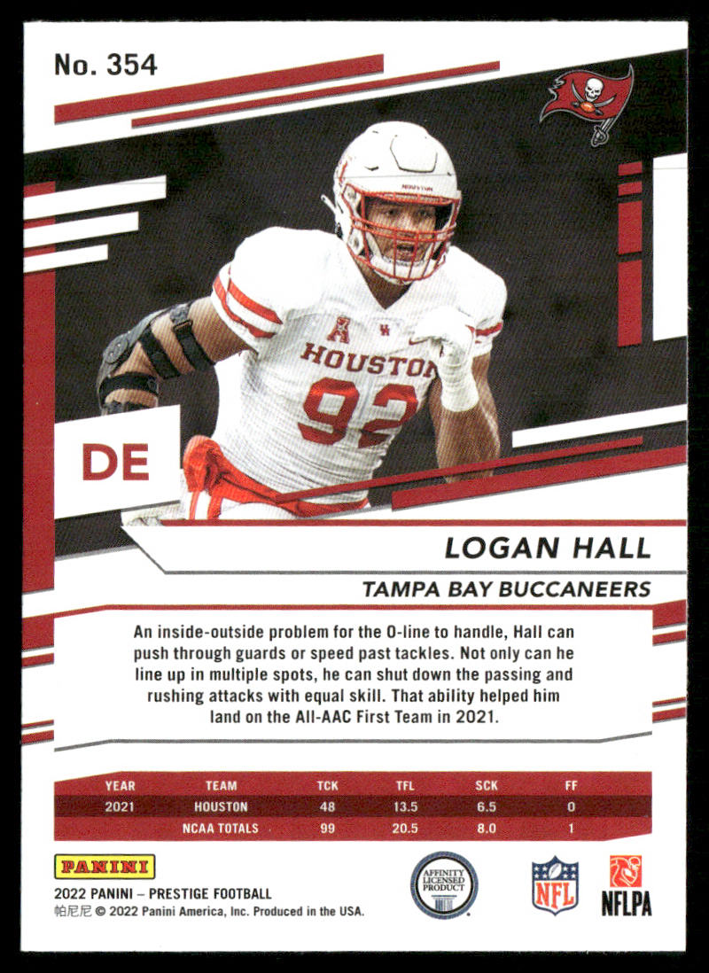 Logan Hall 2022 Panini Prestige #354 RC Tampa Bay Buccaneers