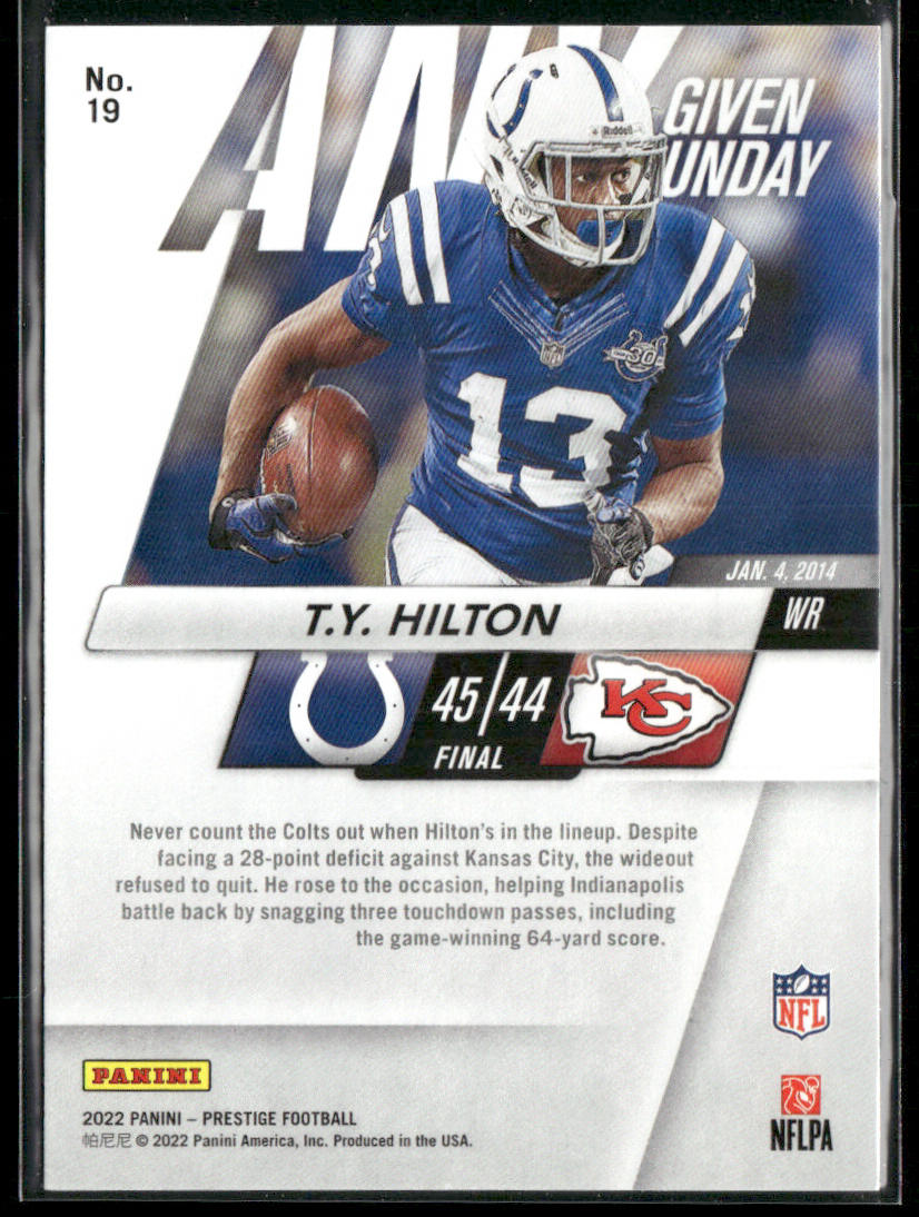 T.Y. Hilton 2022 Panini Prestige Any Given Sunday #19 Indianapolis Colts