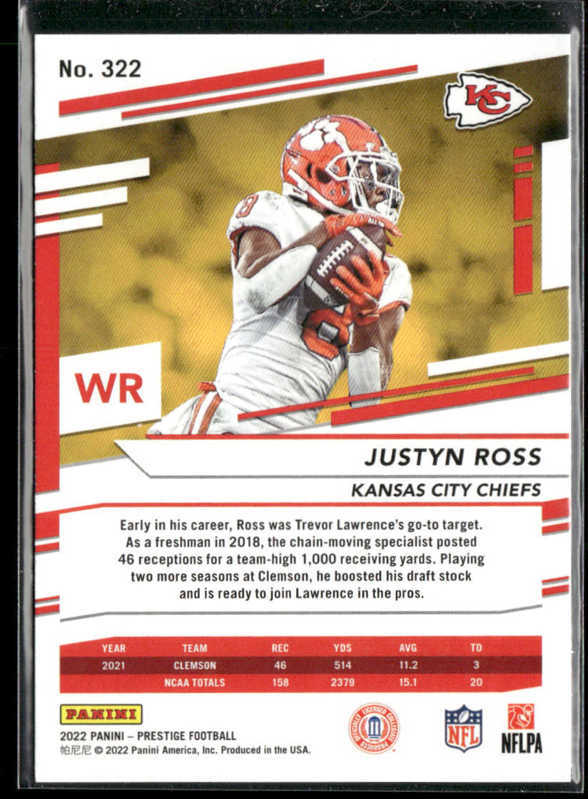 Justyn Ross 2022 Panini Prestige Xtra Points Sunburst #322 RC Kansas City Chiefs