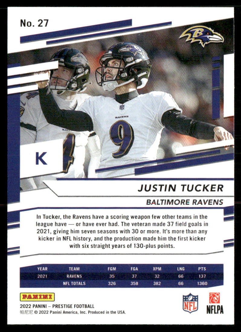 Justin Tucker 2022 Panini Prestige #27 Baltimore Ravens