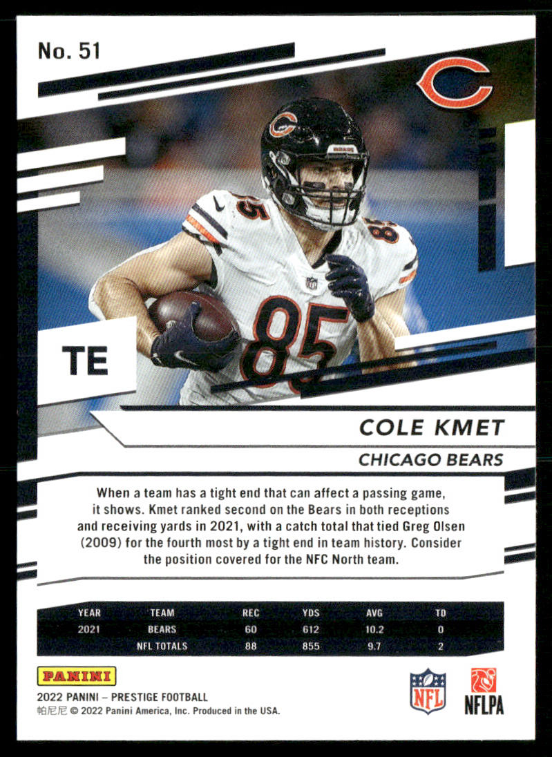 Cole Kmet 2022 Panini Prestige #51 Chicago Bears