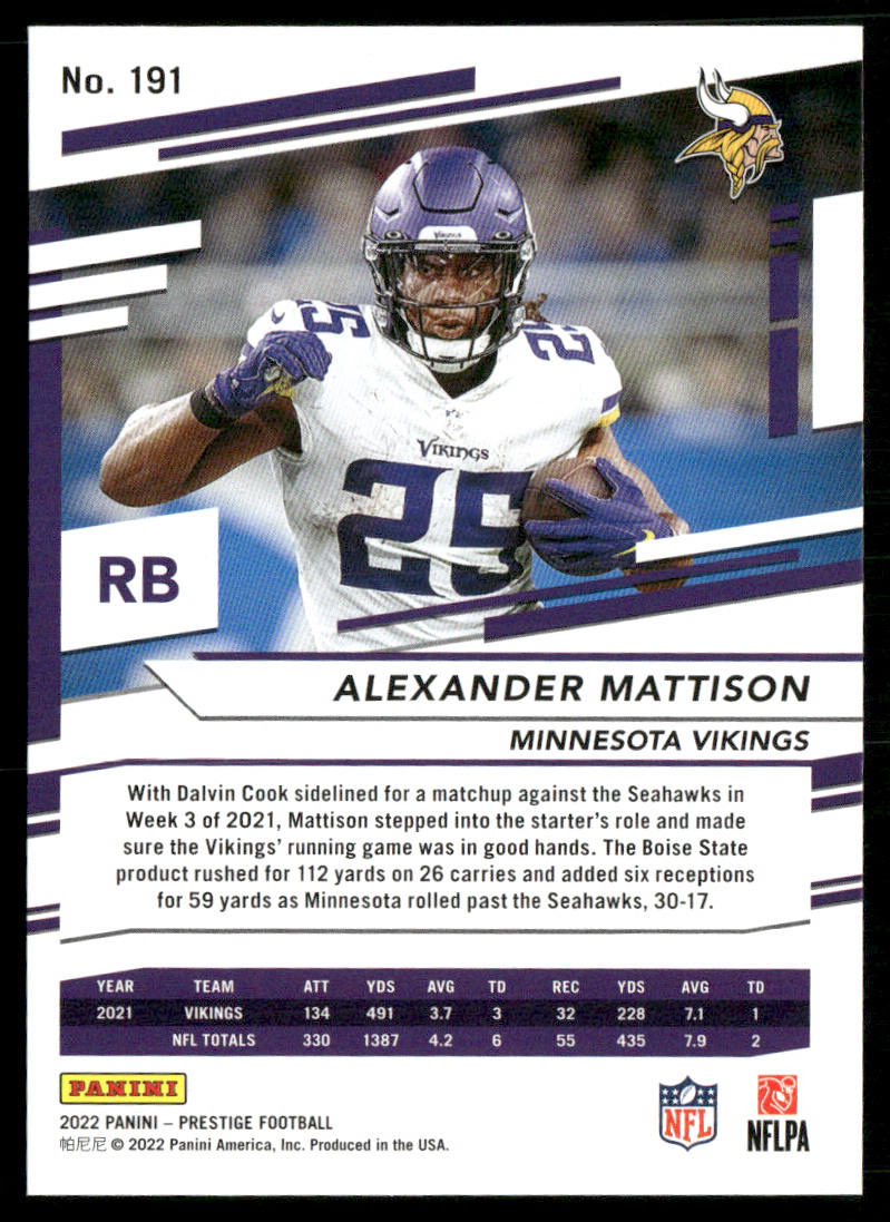 Alexander Mattison 2022 Panini Prestige #191 Minnesota Vikings