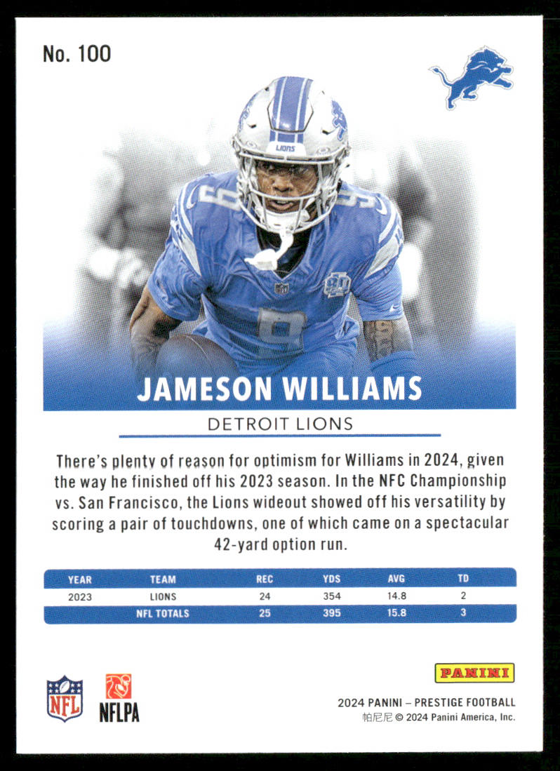 Jameson Williams 2024 Panini Prestige #100 Detroit Lions