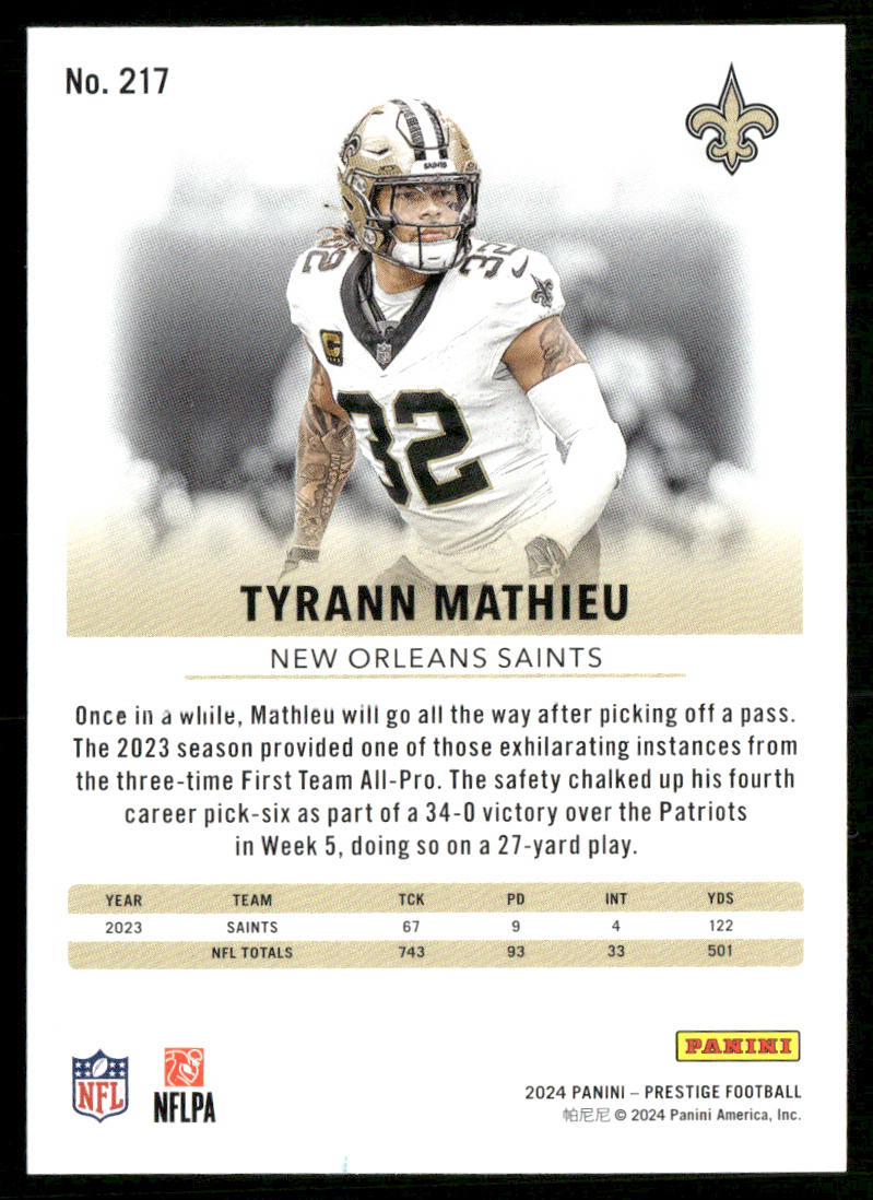 Tyrann Mathieu 2024 Panini Prestige #217 New Orleans Saints
