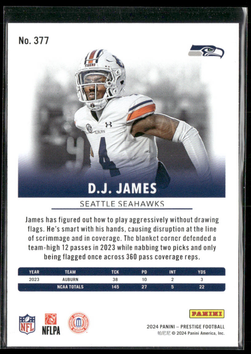 D.J. James 2024 Panini Prestige #377 RC Seattle Seahawks