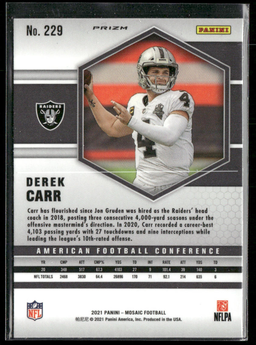 Derek Carr 2021 Panini Mosaic Prizm Reactive Orange #229 Las Vegas Raiders