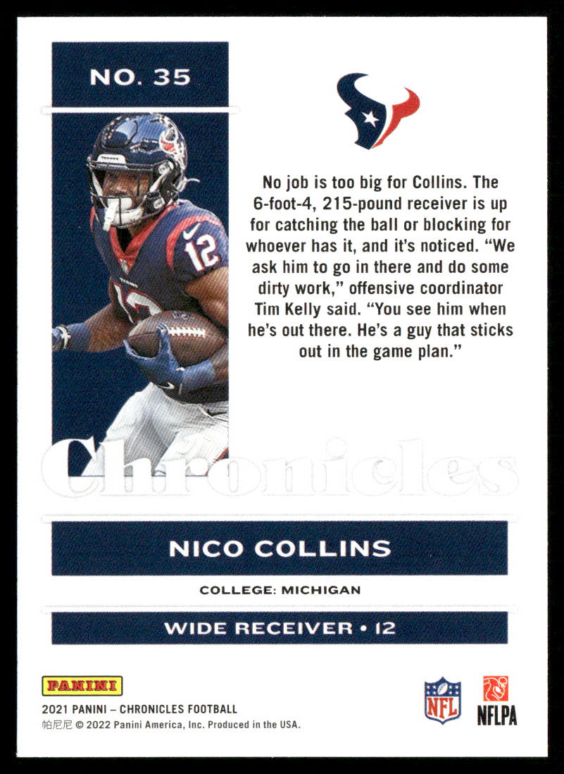 Nico Collins 2021 Panini Chronicles #35 RC Houston Texans