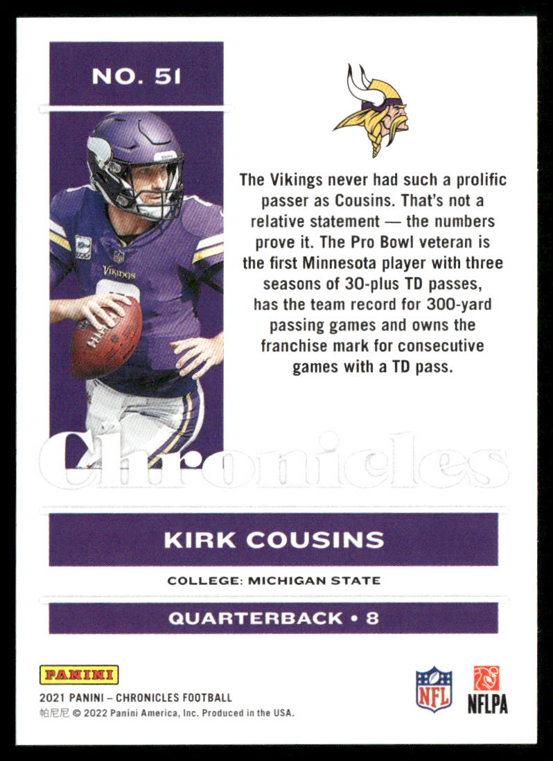 Kirk Cousins 2021 Panini Chronicles Black #51 SN Minnesota Vikings
