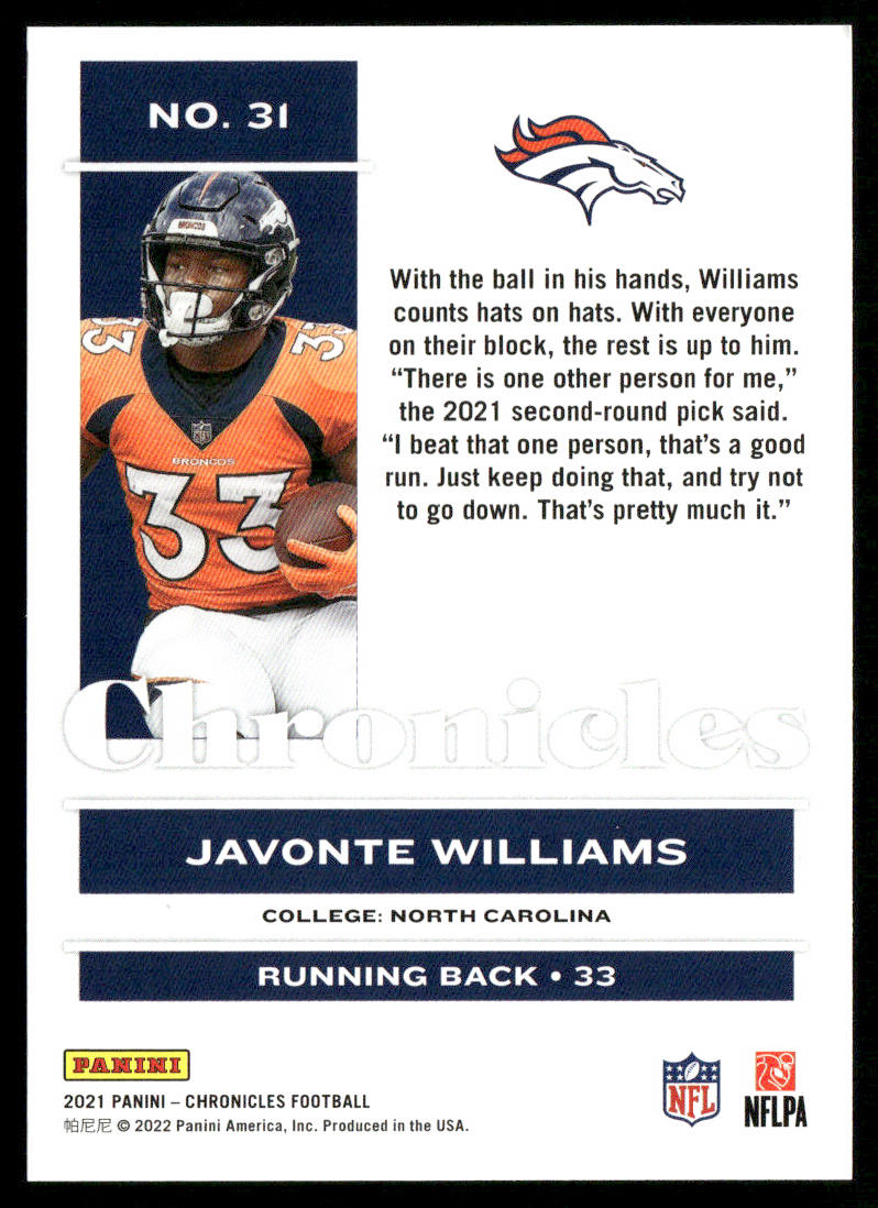 Javonte Williams 2021 Panini Chronicles #31 RC Denver Broncos