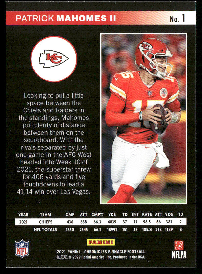Patrick Mahomes II 2021 Panini Chronicles Pinnacle #1 Kansas City Chiefs