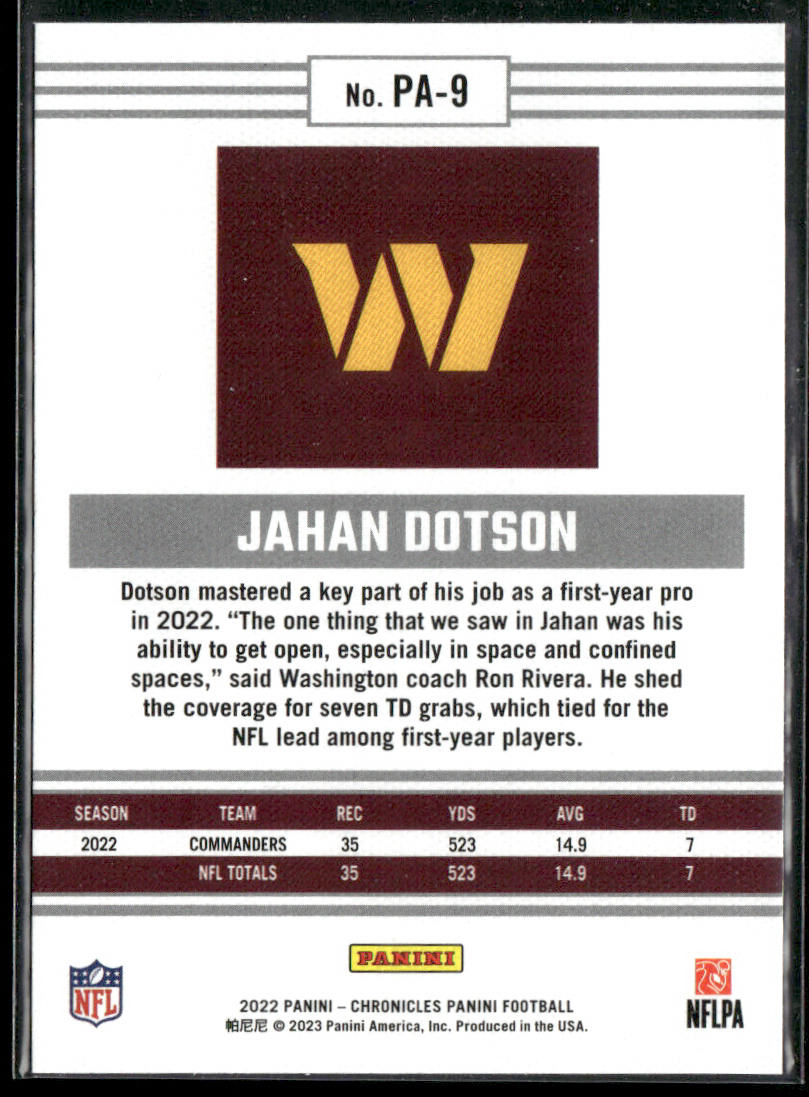 Jahan Dotson 2022 Panini Chronicles Panini #PA-9 Washington Commanders