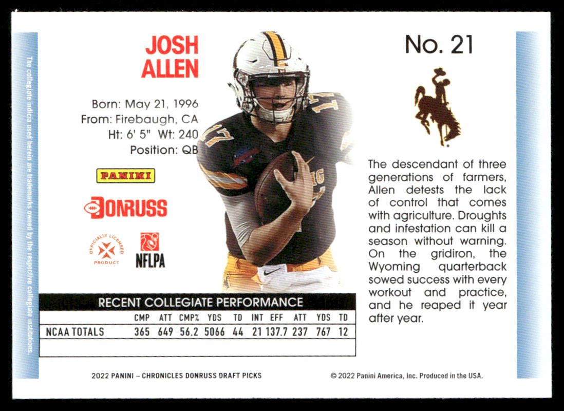 Josh Allen 2022 Panini Chronicles Draft Picks Donruss Retro #21 Wyoming Cowboys