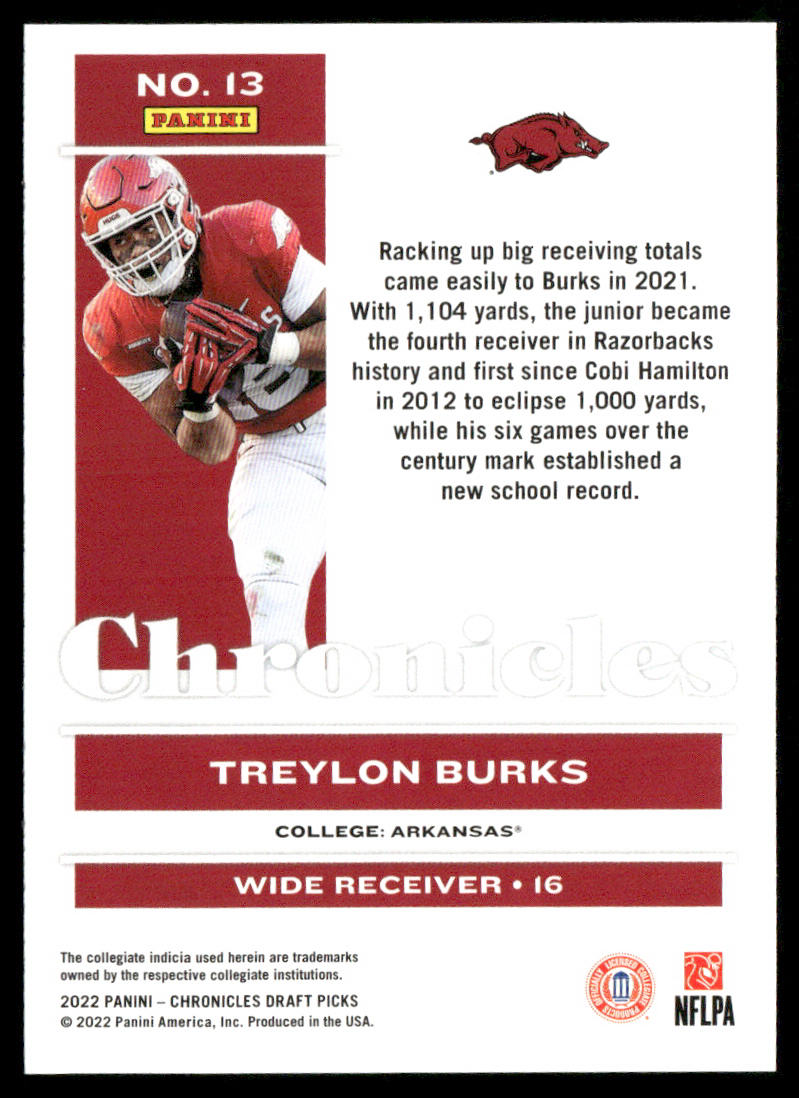 Treylon Burks 2022 Panini Chronicles Draft Picks #13 Arkansas Razorbacks