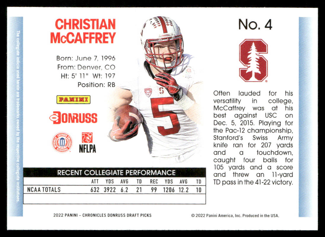 Christian McCaffrey 2022 Panini Chronicles Draft Picks Donruss Retro #4 Cardinal