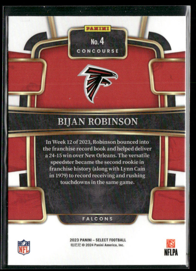 Bijan Robinson 2023 Panini Select #4 RC Atlanta Falcons