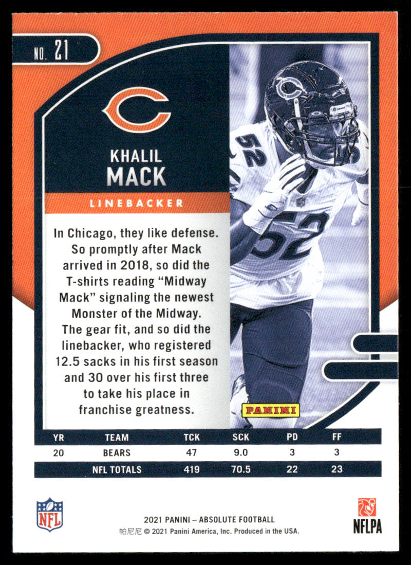Khalil Mack 2021 Panini Absolute Retail #21 Chicago Bears